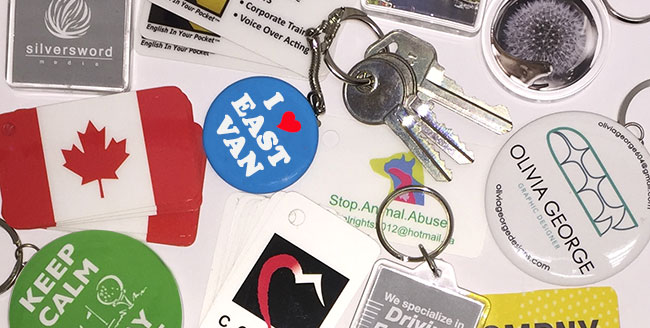 An array of custom printed key chains and key tags