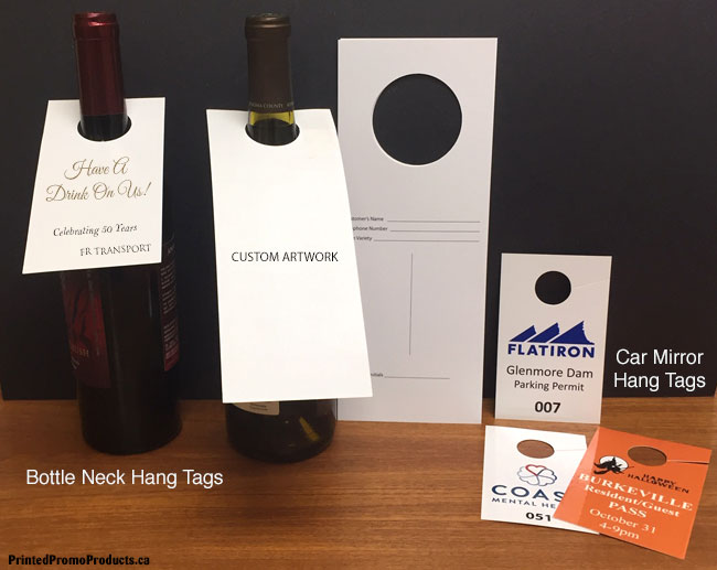 Custom printed car mirror and bottle neck hang tags.
